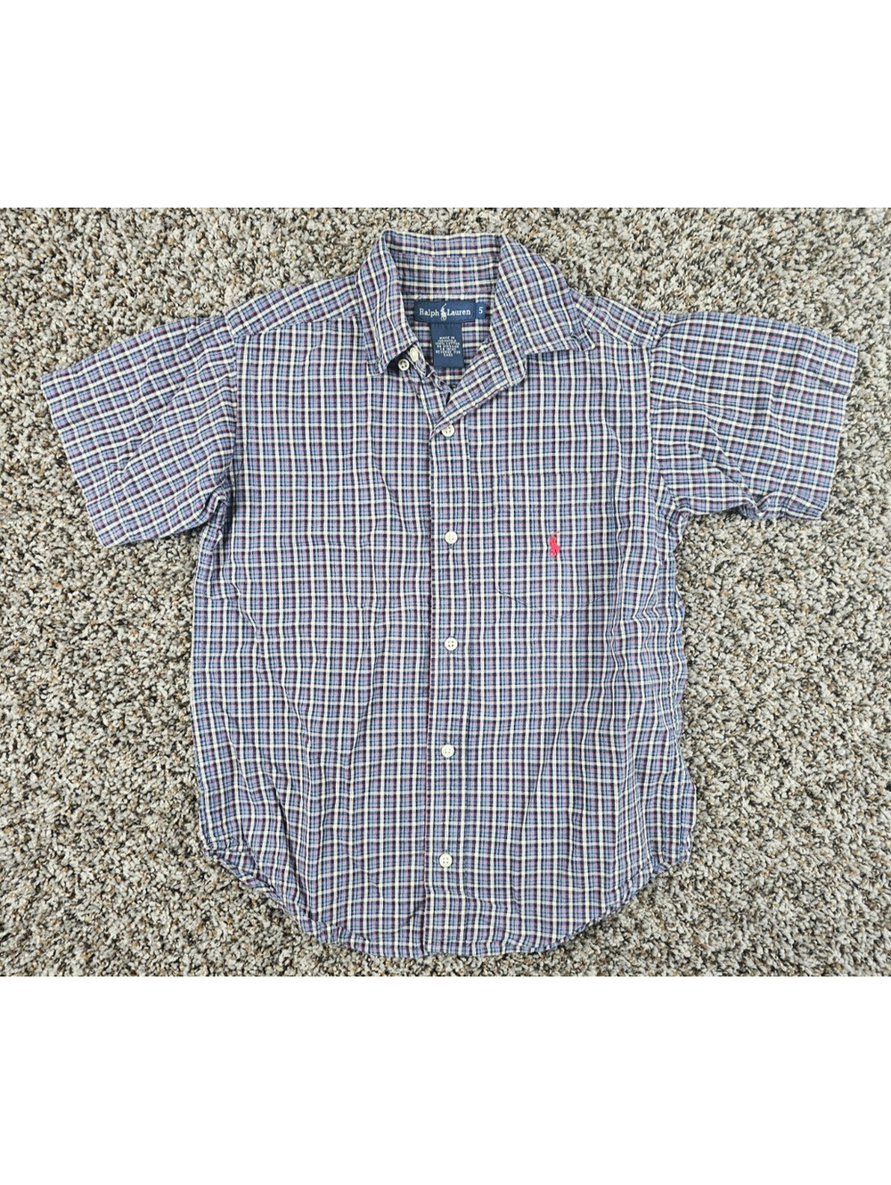 Vtg Ralph Lauren Boys Sz 5 Short Sleeve Button Up Plaid Shirt Blue Cotton
